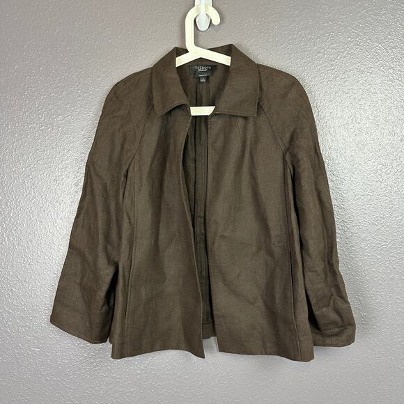 TALBOTS Large Irish Linen Chocolate Brown Open Front Cropped Jacket Cardigan - Picture 1 of 6
